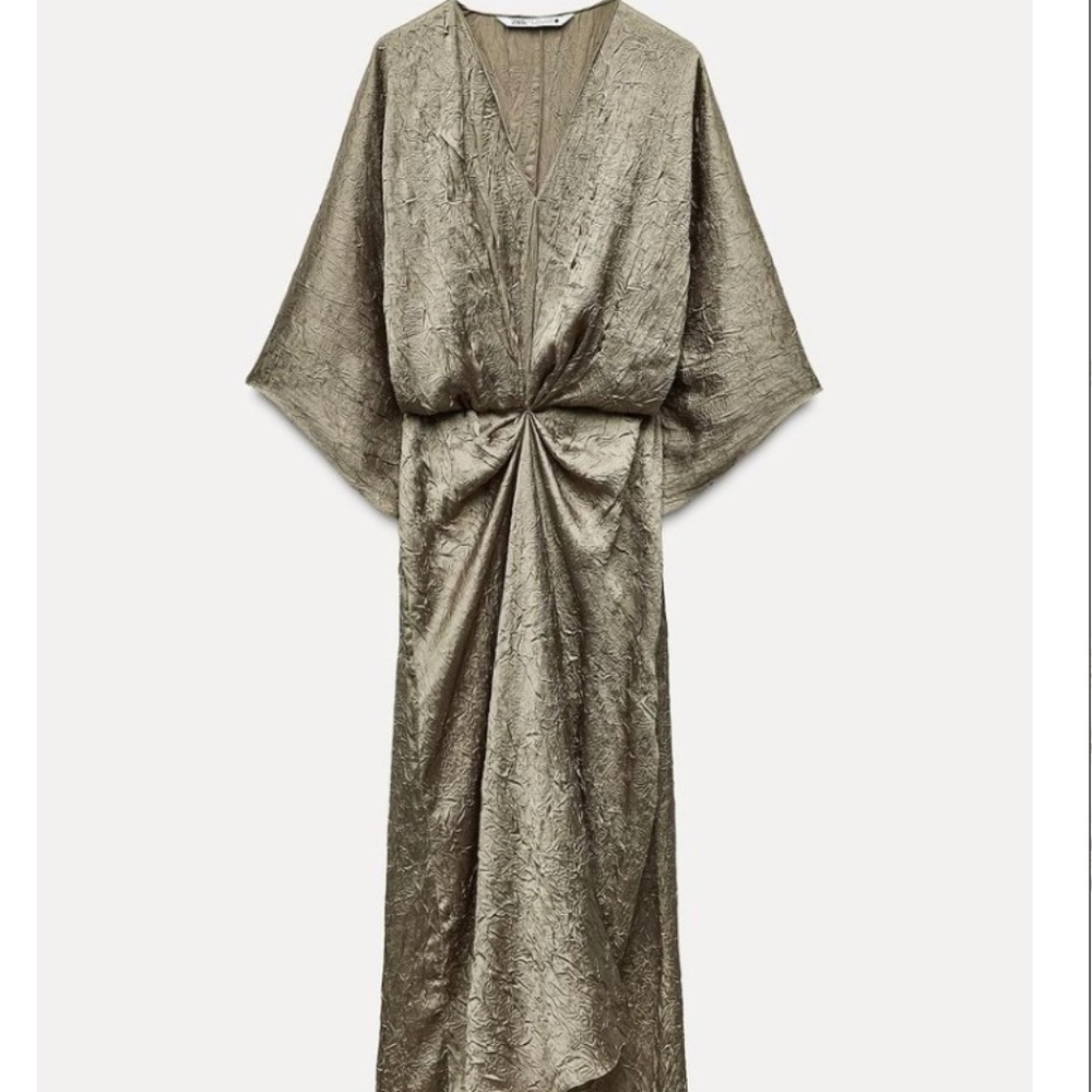 Zara ZW Collection Crinkle Effect Midi Dress / Light Khaki / Large